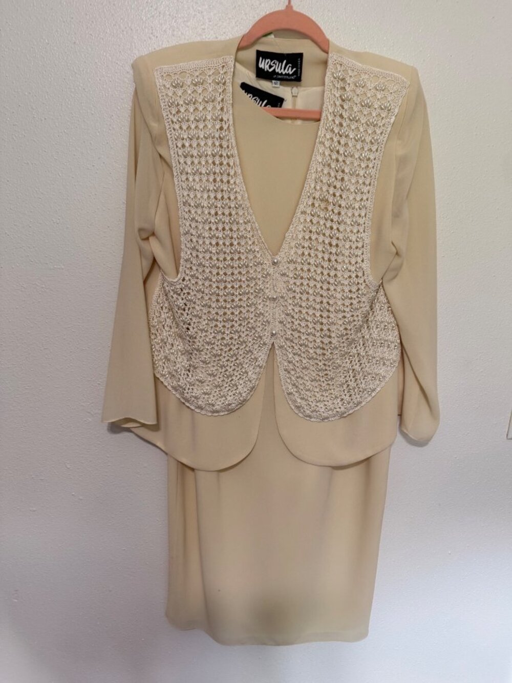 Ursula 2 Pc Dress Set Cream Tank Dress Jacket Lace Beads Womans 12